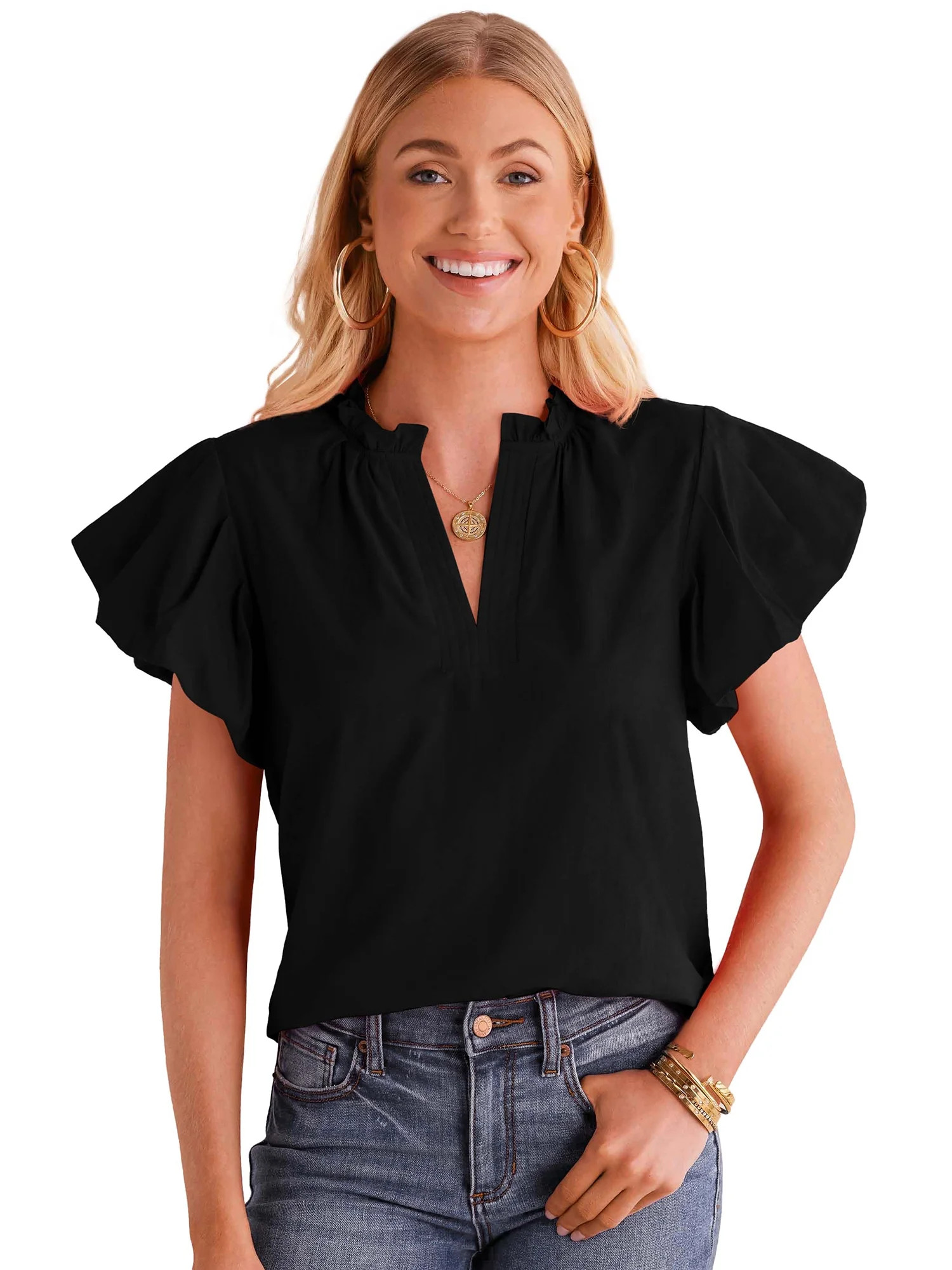 PRETTYGARDEN Women's Ruffle Neck Top with Puff Sleeves, Sizes S-XXL | Walmart (US)