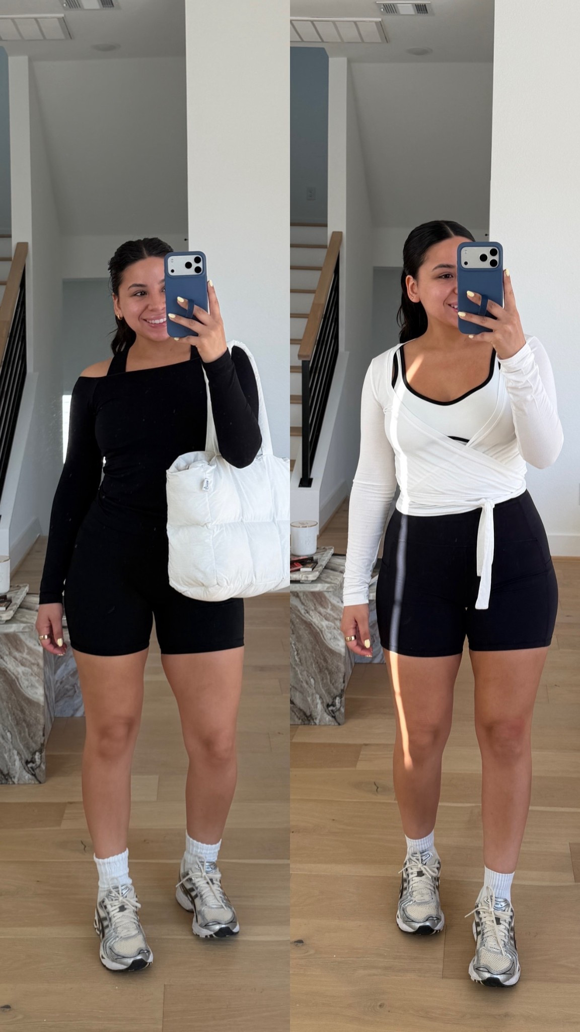 Biker shorts: small
Off the shoulder top: small
Black sports bra: small
White wrap top: small
White tank: small
Sneakers: 6.5 women 
Puffer tote bag
White socks 

#LTKActive #LTKootd #LTKgrwm