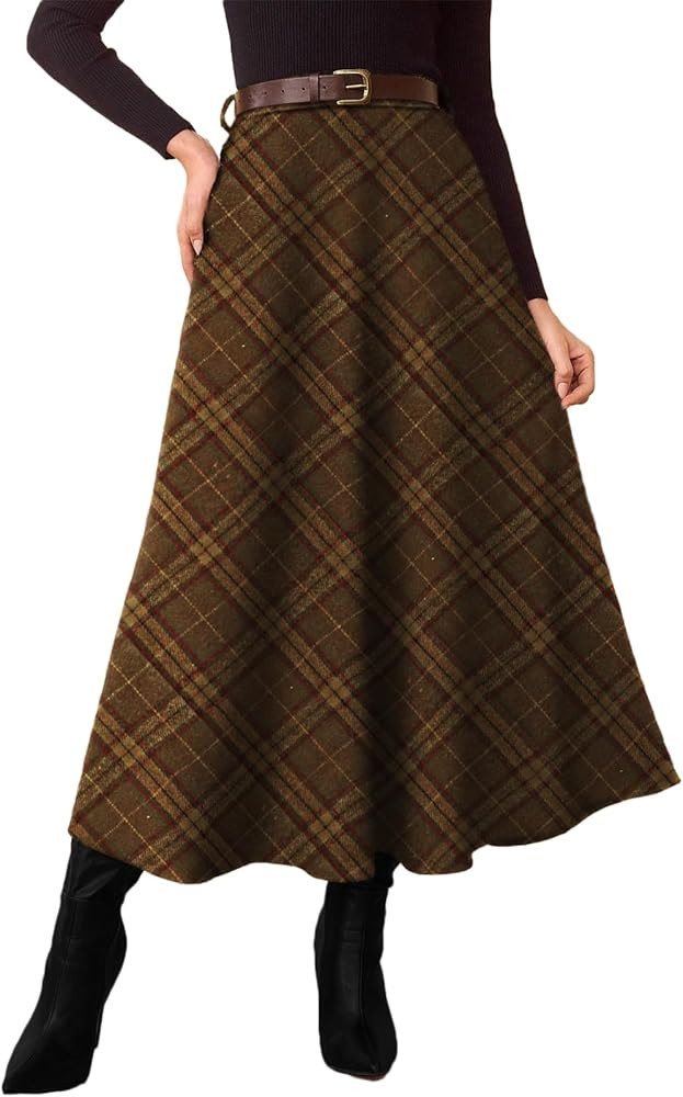Pink Queen Plaid Skirts for Women 2025 Flared Vintage High Waist A Line Midi Tartan Skirts with P... | Amazon (US)