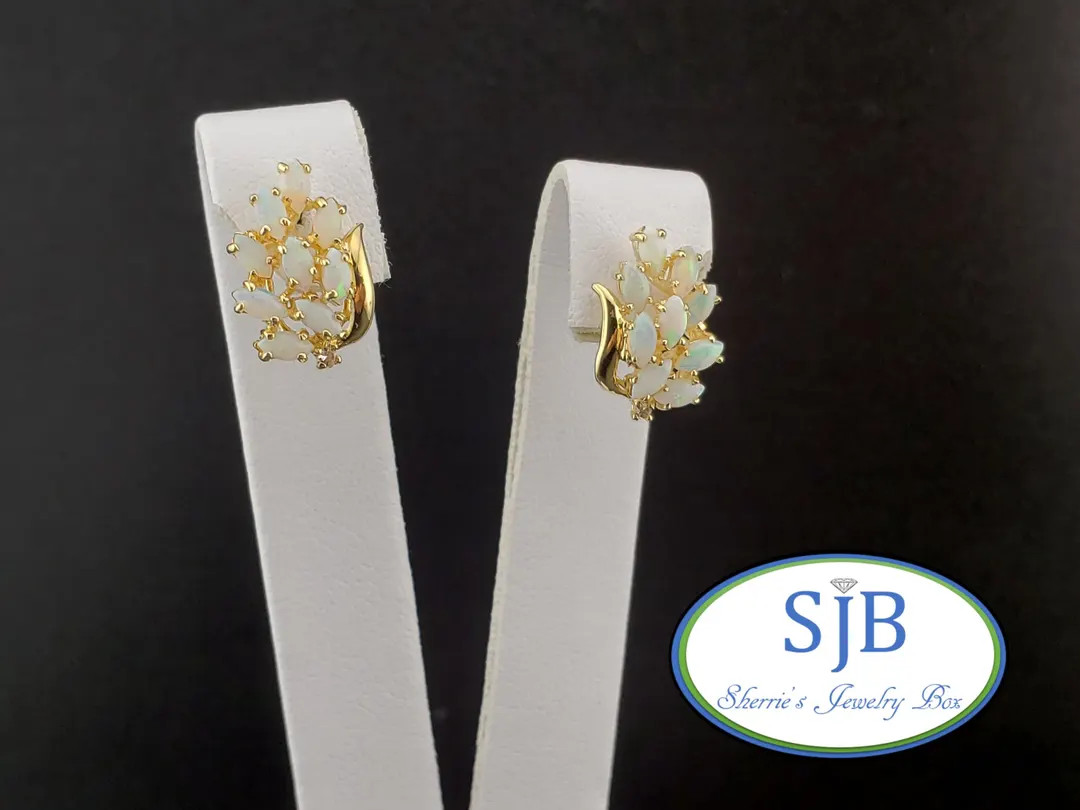 Vintage Opal Earrings, Vintage 14k Yellow Gold Marquise Opal & Diamond Stud Earrings, Vintage Wed... | Etsy (US)