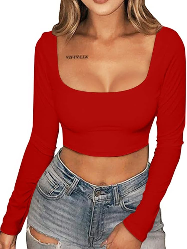 Women's Sexy Bodycon Fitted Square Neck Long Sleeve Basic T-Shirt Crop Top | Amazon (US)