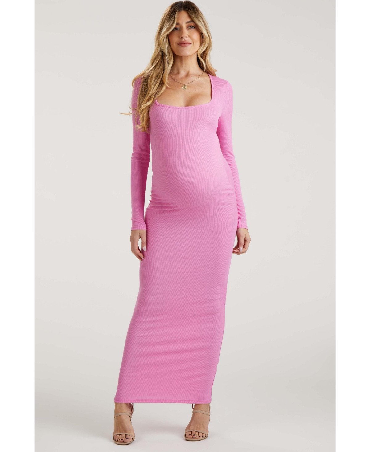 Pinkblush Black Ribbed Long Sleeve Square Neck Maternity Maxi Dress - Pink | Macy's