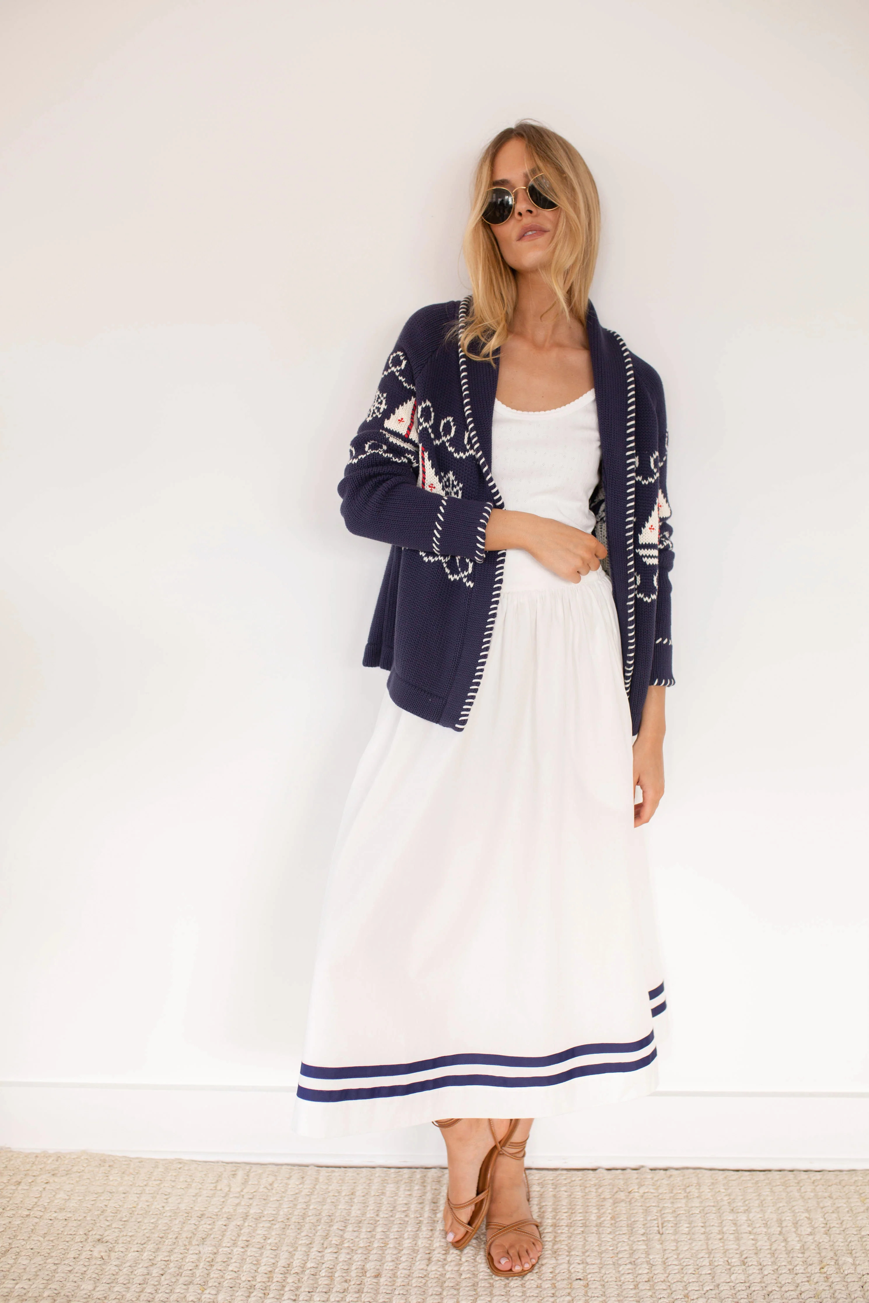Charlotte Skirt - White with Navy Trim | Marea