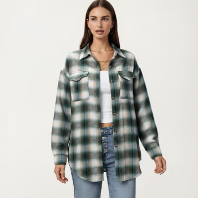Anna-Kaci Women's Long Sleeve Plaid Button-Up Shirt with Chest Pockets- Green,X Large | Target