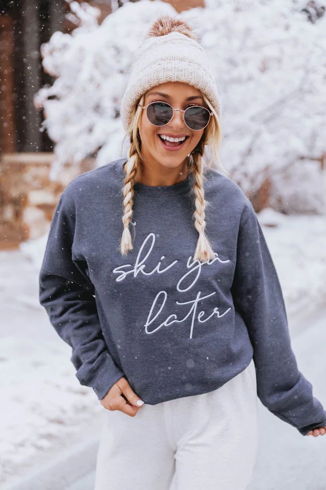 Ski Ya Later Embroidered Heather Navy Graphic Sweatshirt | The Pink Lily Boutique