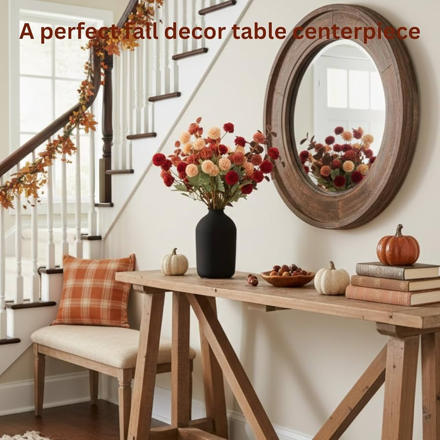 Fall Flowers, Burnt Orange Faux Kiku Flowers Artificial 10 Stems + Eucalyptus, Fake Silk Mums Fal... | Amazon (US)