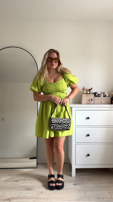 bright lime green mini babydoll dress with puff sleeves, tinted yellow sunglasses and chunky flatform black sandals ✨

#LTKeurope #LTKstyletip
