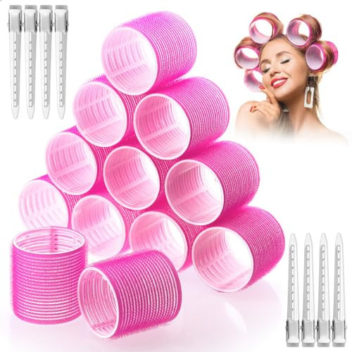 Jumbo Hair Curlers Rollers, 12Pcs 60mm Jumbo Hair Roller Curlers Self Grip Holding Rollers with 12Pcs Hair Clips for Long Straight Thick Hair (Rose Red) | Amazon (US)