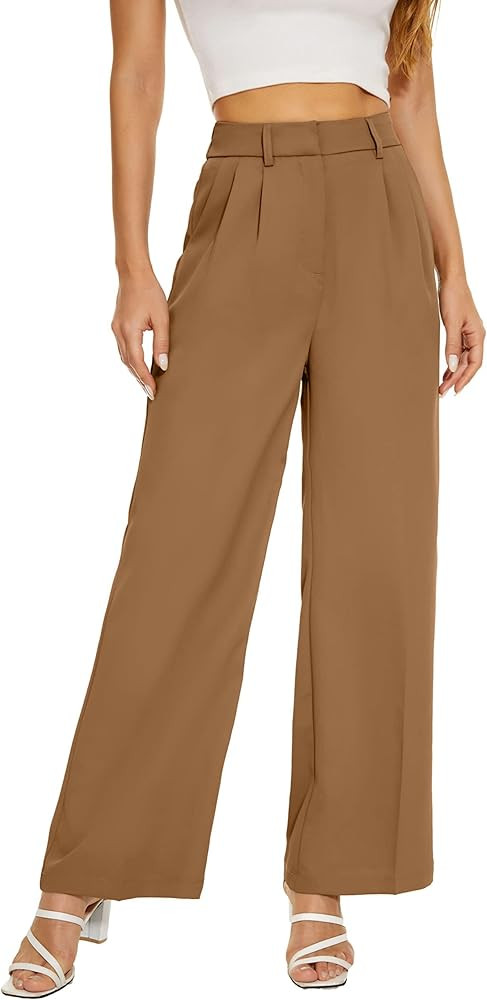 Women Office Wide High Waist Pants Loose Fit Elastic Waist Pleated Front Trousers for Work Casual | Amazon (US)