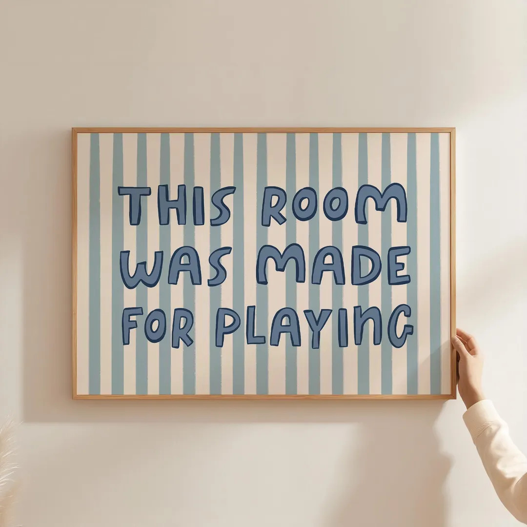 Playroom Wall Art Print: Blue & Cream Striped Kids Room Decor - Etsy | Etsy (US)
