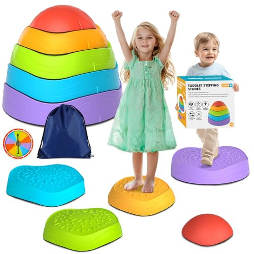 OZMI Balance Stepping Stones for Kids, 5 Pcs Non-Slip Plastic Stepping Stones Kit with Storage Bag and Color Spinner for Toddler, Gift for 3 4 5 6 7 8 9 Years Old, Sensory Play Toys for Indoor Outdoor | Amazon (US)