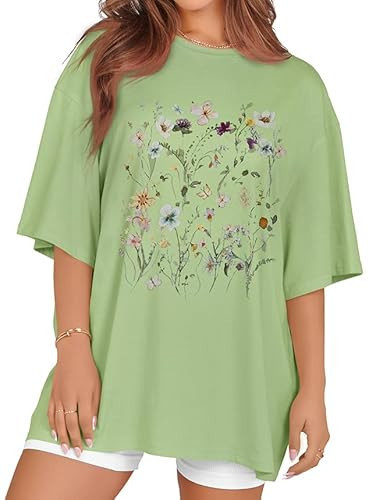 Oversized Tshirts for Women Summer Short Sleeve Round Neck Graphic Tee Shirt, Green Flowers, XXL | Amazon (US)