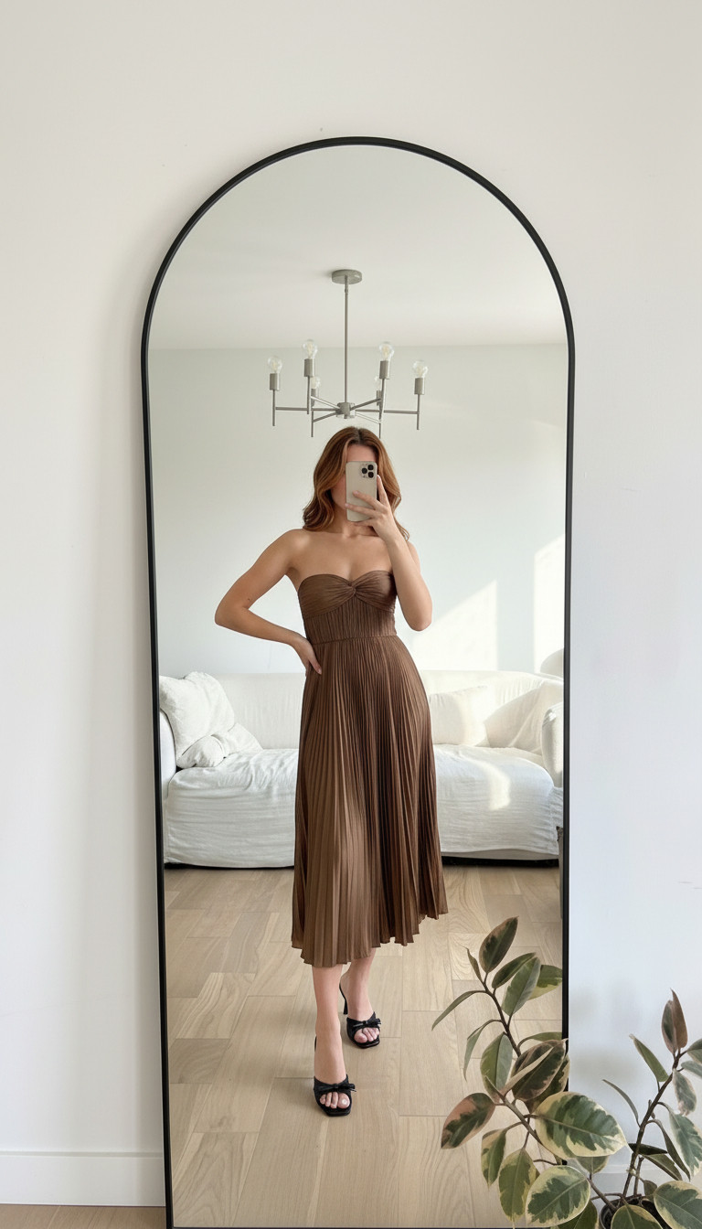 Such a chic spring wedding guest outfit 🤎

This pleated midi dress is perfect for spring weddings, cocktail receptions, and elegant wedding guest looks. Paired with black heels for a timeless formal outfit. 

 #LTKootd #LTKWedding