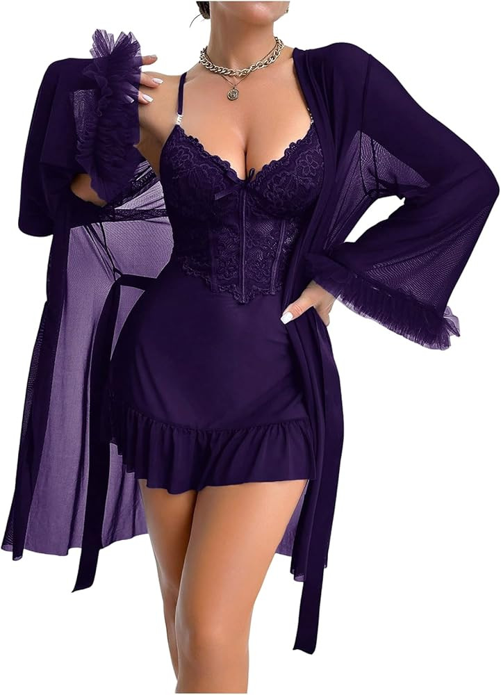 SHENHE Women's Sexy Lingerie Lace Babydoll Nightgown with Long Sleeve Robe Set Nightwear | Amazon (US)