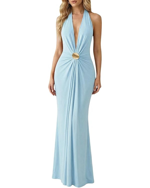 Amazon.com: OYOANGLE Women's Deep V Neck Halter Maxi Dress Sexy Summer Backless Wedding Guest Vac... | Amazon (US)