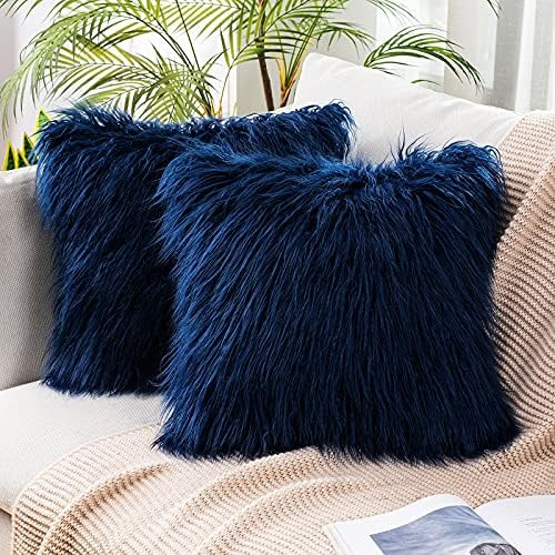 MIULEE Pack of 2 Decorative New Luxury Series Style Dark Blue Faux Fur Throw Pillow Case Cushion Cov | Amazon (US)
