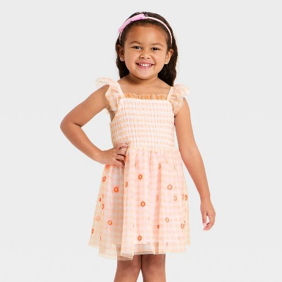 Toddler Girls' Embroidered Floral Tulle Dress - Cat & Jack™ Peach 5T | Target