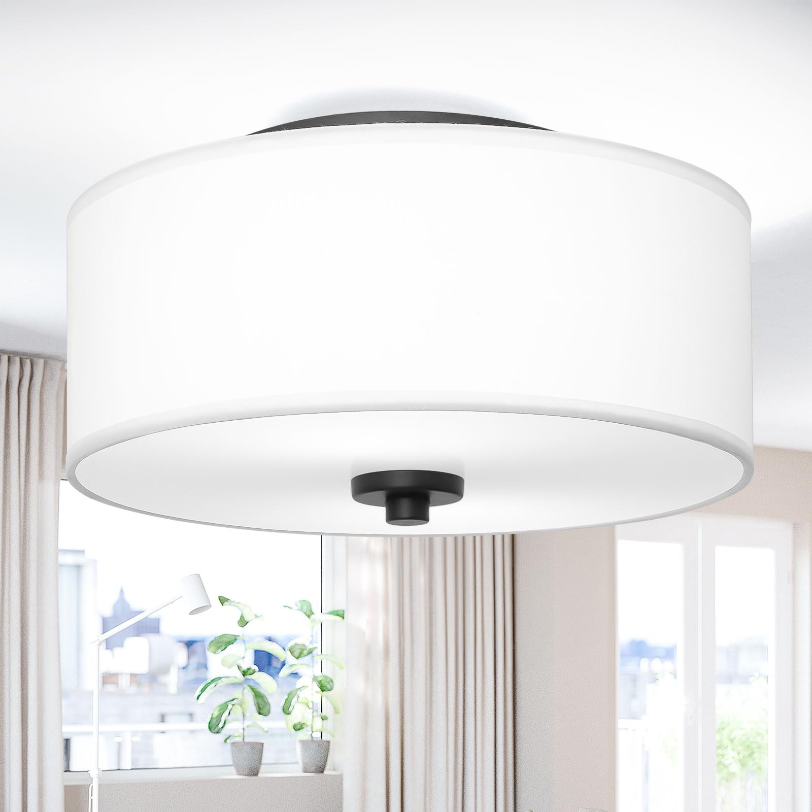 2-Light Flush Mount Ceiling Light Fixture, 12” Modern Close to Ceiling Light with White Fabric ... | Amazon (US)