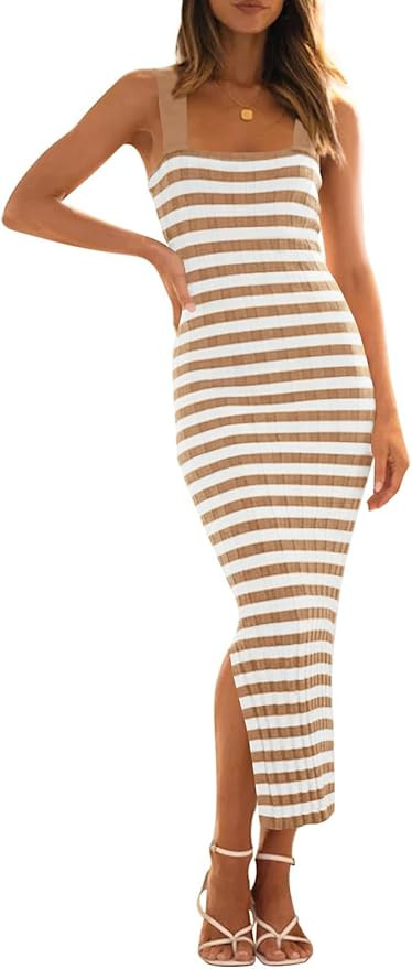 MEROKEETY Women's 2024 Summer Striped Knit Bodycon Midi Dress Square Neck Side Slit Tank Ribbed S... | Amazon (US)