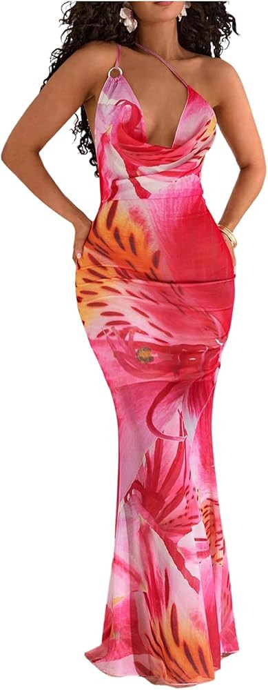 SOLY HUX Women's Floral Tie Dye Maxi Dress One Shoulder Draped Cowl Neck Sleeveless Fishtail Body... | Amazon (US)