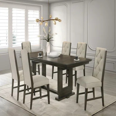 5Pc Rectangular Extendable 18" Leaf Dining Table Trestle / Pedestal Base Beige Fabric Upholstered Button Tufted Chairs Wooden Contemporary Modern | Wayfair North America
