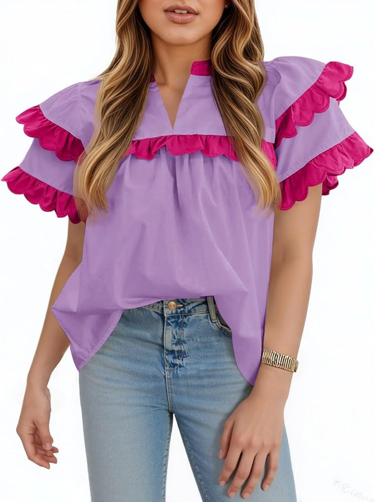 Tankaneo Womens Ruffle Sleeve Babydoll Tops Color Block Summer V Neck Pleated Blouse Dressy Casua... | Amazon (US)