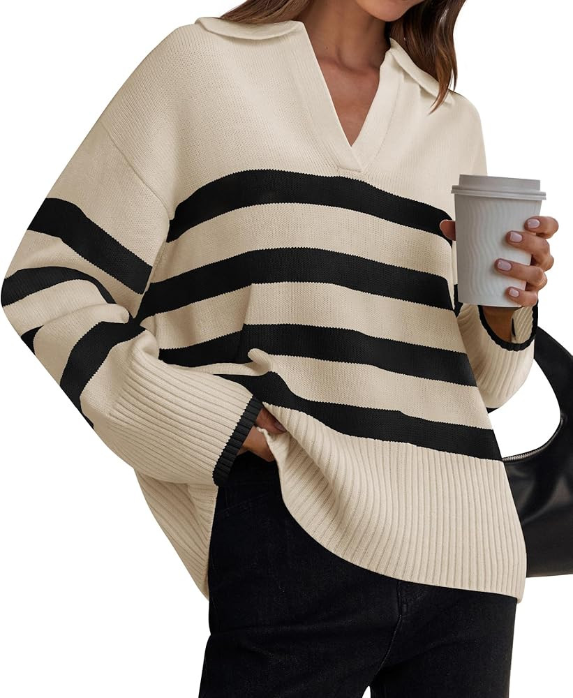Women's 2023 Winter Striped Sweaters Lapel V Neck Long Sleeve Chunky Knit Oversized Pullover Swea... | Amazon (US)