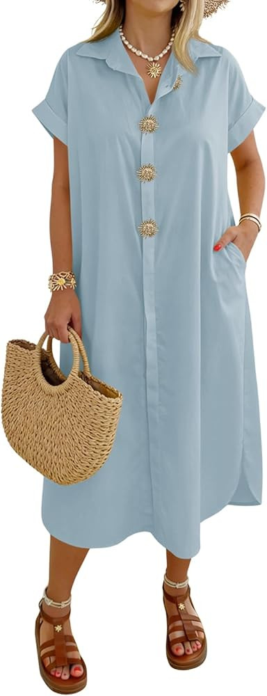 Wenrine Womens Summer Shirt Dress Casual Short Sleeve Button Maxi Dresses Beach Cover Up with Poc... | Amazon (US)