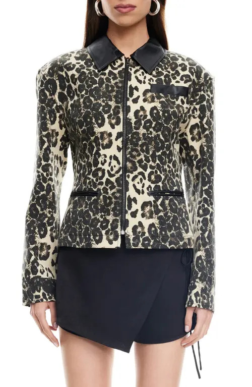 LIONESS Soho Leopard Print Jacket at Nordstrom, Size X-Large | Nordstrom