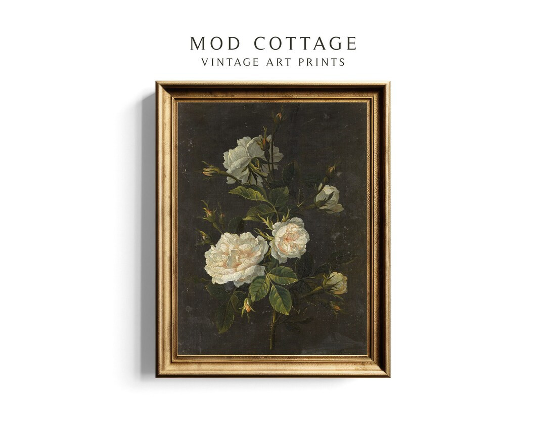 Dark botanical print | dark academia print | white rose art | moody floral print | vintage art | ... | Etsy (US)