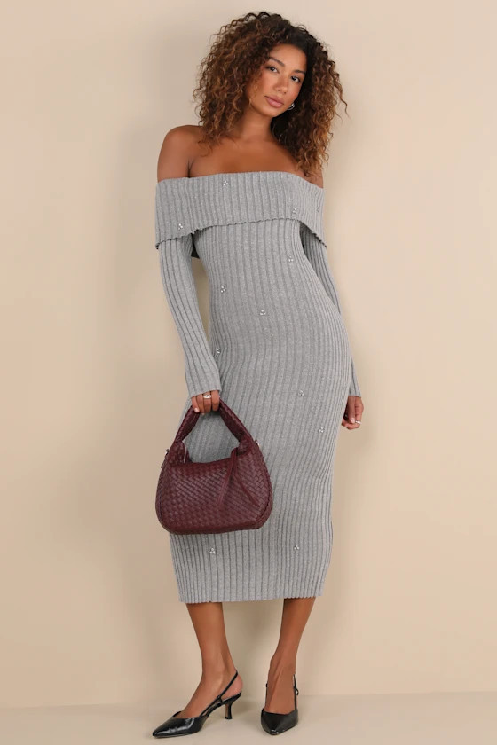 Dazzling Comfort Grey Rhinestone Off-the-Shoulder Sweater Dress | Lulus