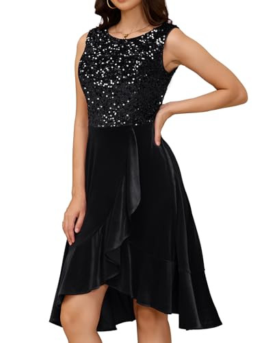 DRESSTELLS Black Velvet Sequin Holiday Party Dresses for Women, Sparkly Formal Cocktail Wedding Guest Christmas Tea Length Dress RL Black L | Amazon (US)