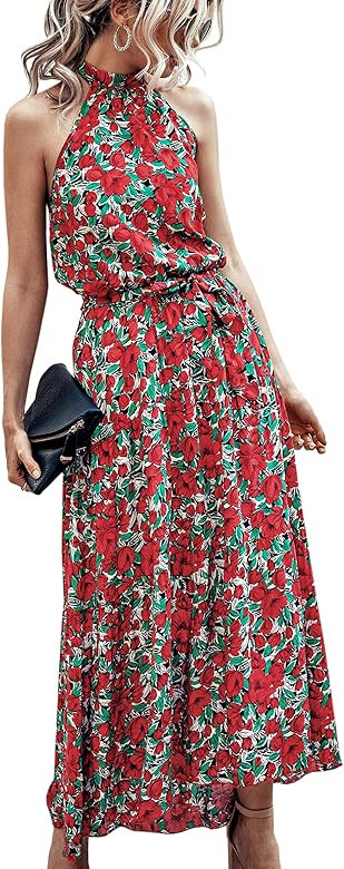 ECOWISH Women Dress Halter Neck Boho Floral Print Sleeveless Casual Backless Maxi Dresses with Be... | Amazon (US)