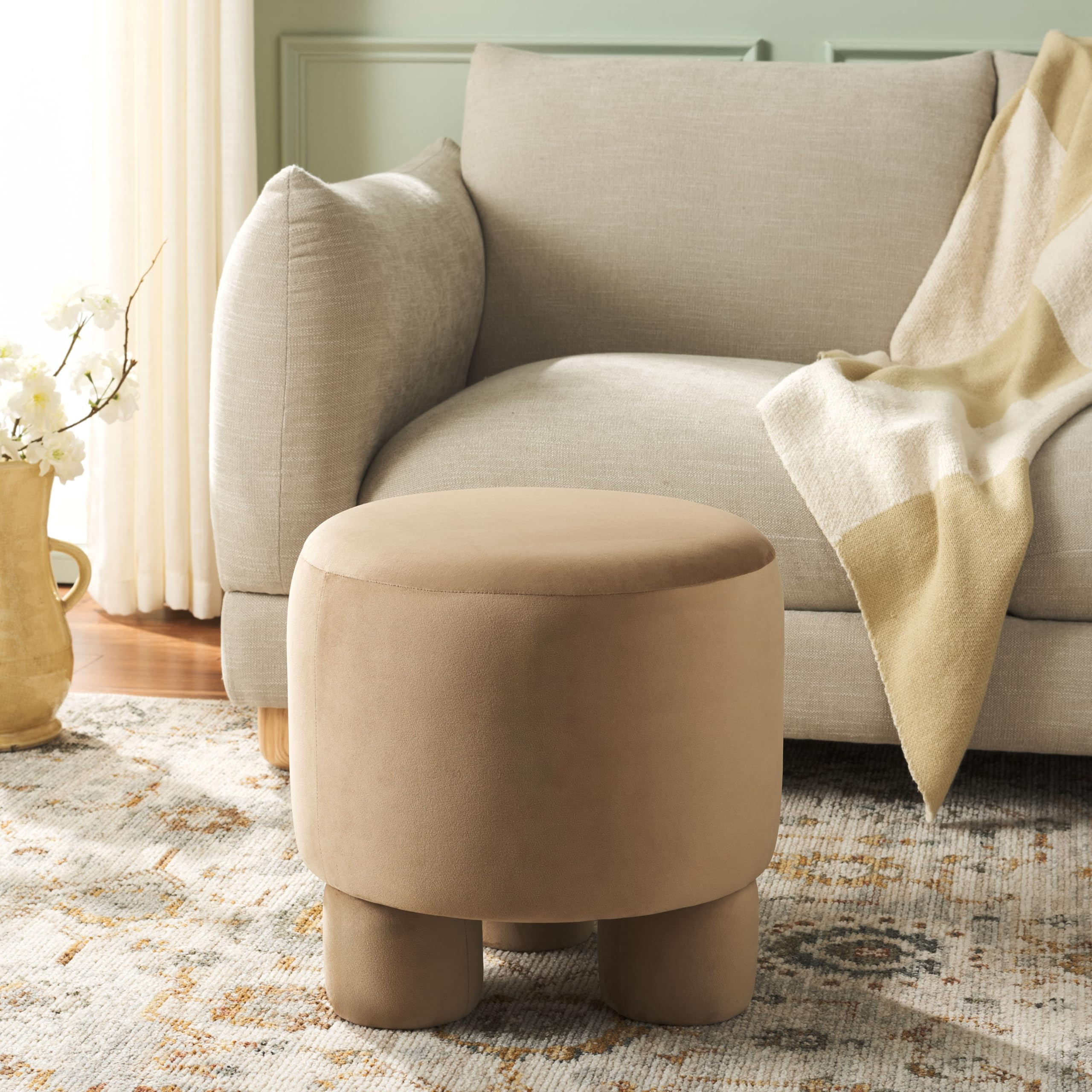 SAFAVIEH Home Collection Naref Tan Brown Velvet Round Ottoman | Amazon (US)