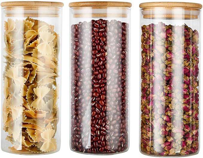 Glass Food Storage Jars 3 Pack, Glass Food Containers with Airtight Bamboo Lids Kitchen Glass Can... | Amazon (US)