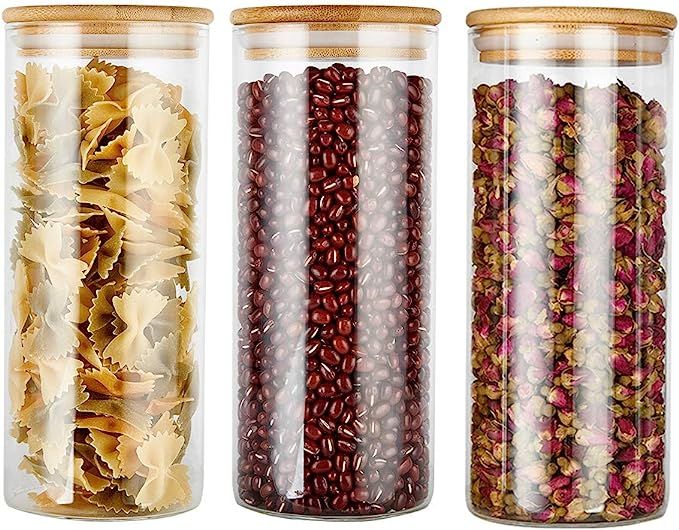 Glass Food Storage Jars Containers with Airtight Bamboo Lids Set of 3 Kitchen Glass Canisters For... | Amazon (US)