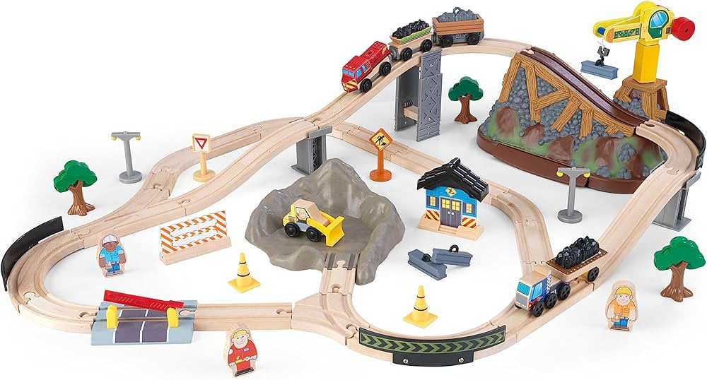 KidKraft Bucket Top Construction Wooden Train Set with Bulldozer, Working Crane, Tracks, Storage ... | Amazon (US)