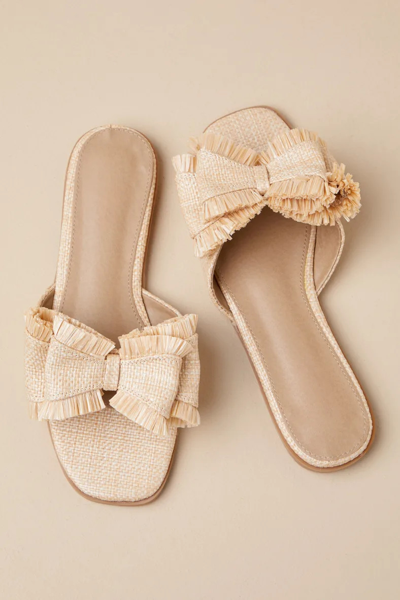 Castiel Natural Woven Raffia Bow Slide Sandals | Lulus