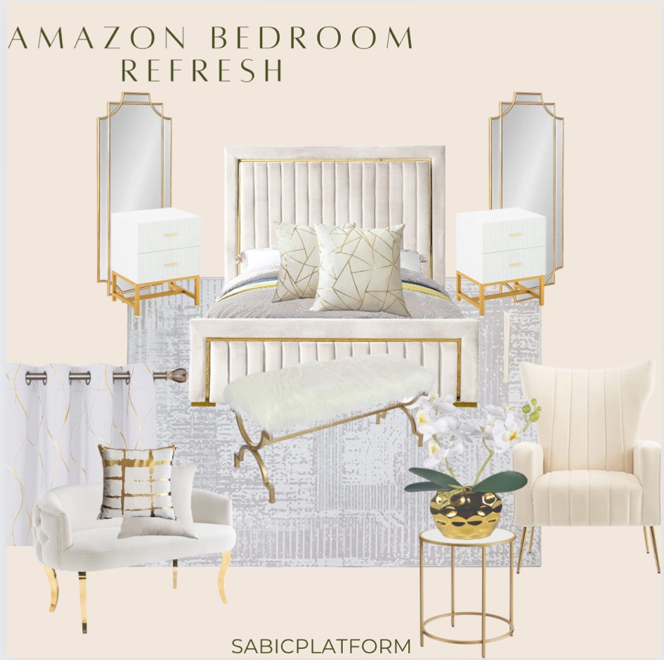 Amazon bedroom inspo, white and gold details, area rug, artificial orchids, gold wall mirror, wall curtains, bench, side table, decorative pillows, pillows, comforter set, nightstand, bed frame, queen bed, accent chair, home decor, sabic platform, spring refresh, spring refresh inspo, home decor inspo

#LTKstyletip #LTKFind #LTKhome