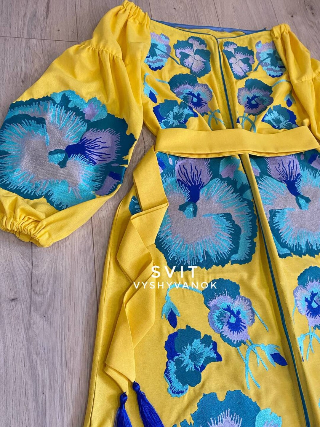 Yellow Embroidered Linen Dress, Ukraine Pansies Flower Vyshyvanka, Boho Chic Custom Summer Tradit... | Etsy (US)