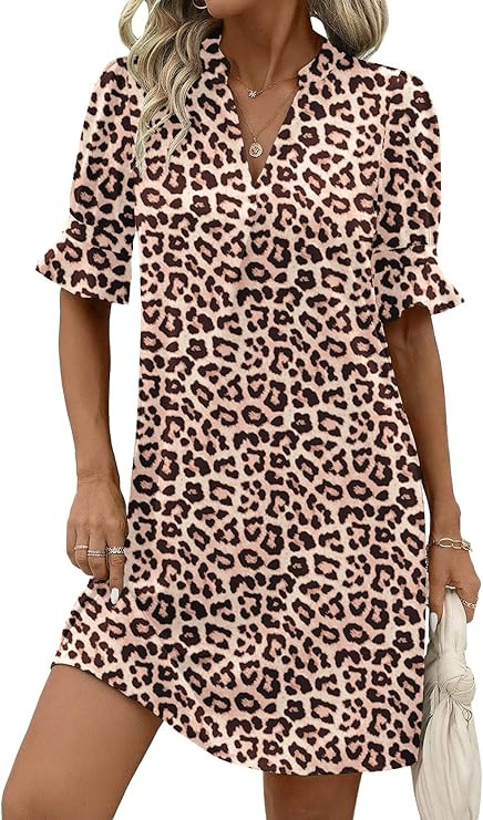Zeagoo Summer Dresses for Women 2026 V Neck Ruffle Sleeve Casual Shift Dress Hawaiian Sundress Be... | Amazon (US)