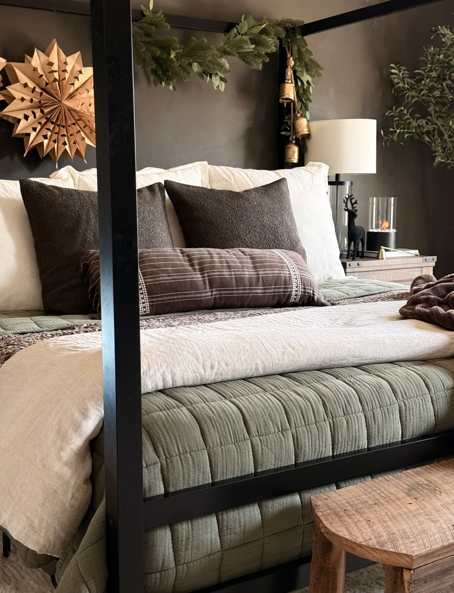 Christmas bedroom decor, Christmas bedding, olive green quilt, canopy bed, rustic modern Christmas, box quilt, vintage mantua quilt, boucle pillows

#LTKHome #LTKSaleAlert #LTKHoliday