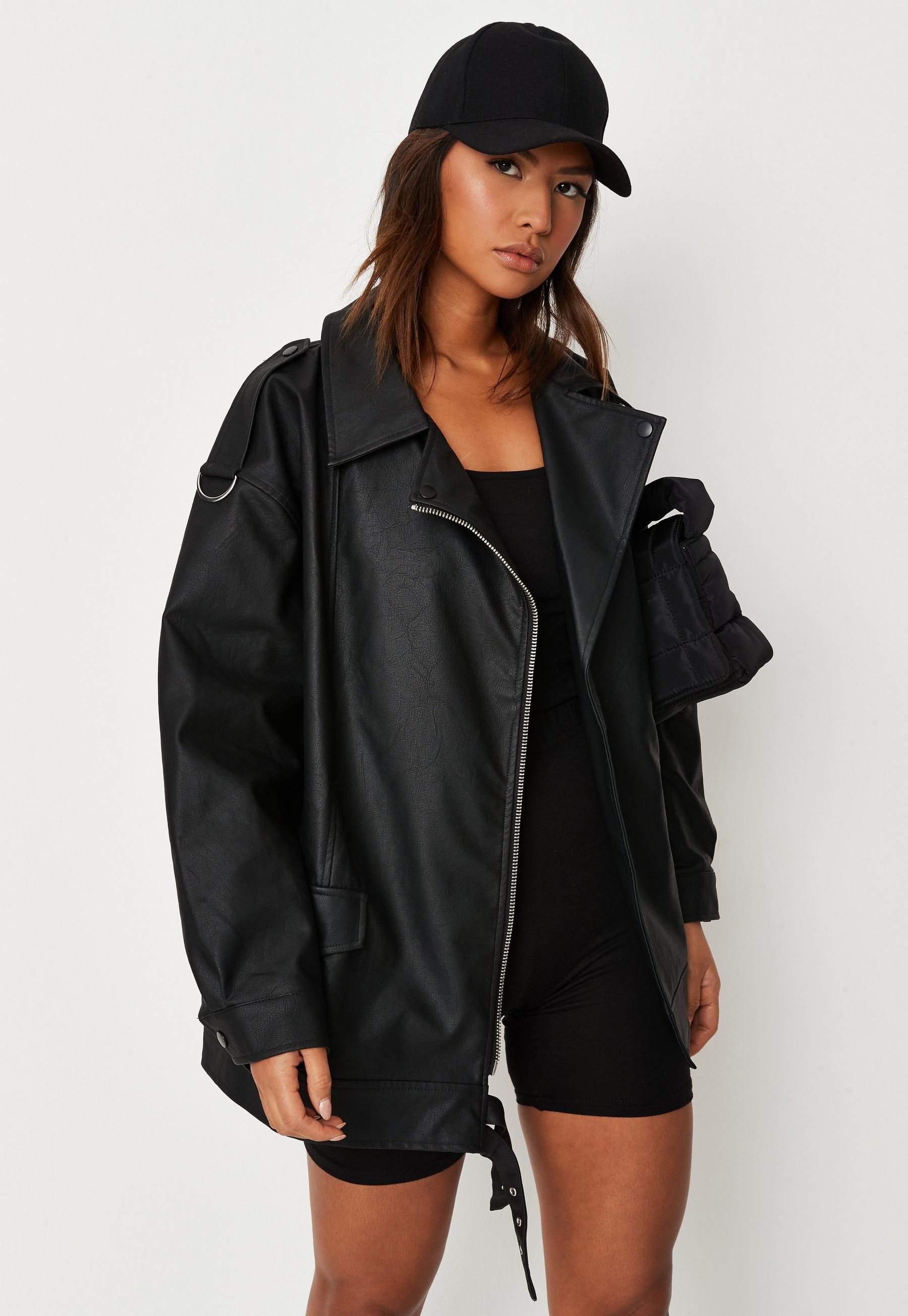 Oversized Black Faux Leather Long Vintage Biker Jacket | Missguided (UK & IE)