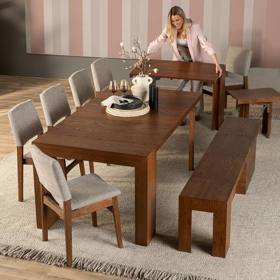 Dining Table Set for 8, Extendable Wood Dining Table with Extendable Bench and Stackable Chairs -... | Amazon (US)