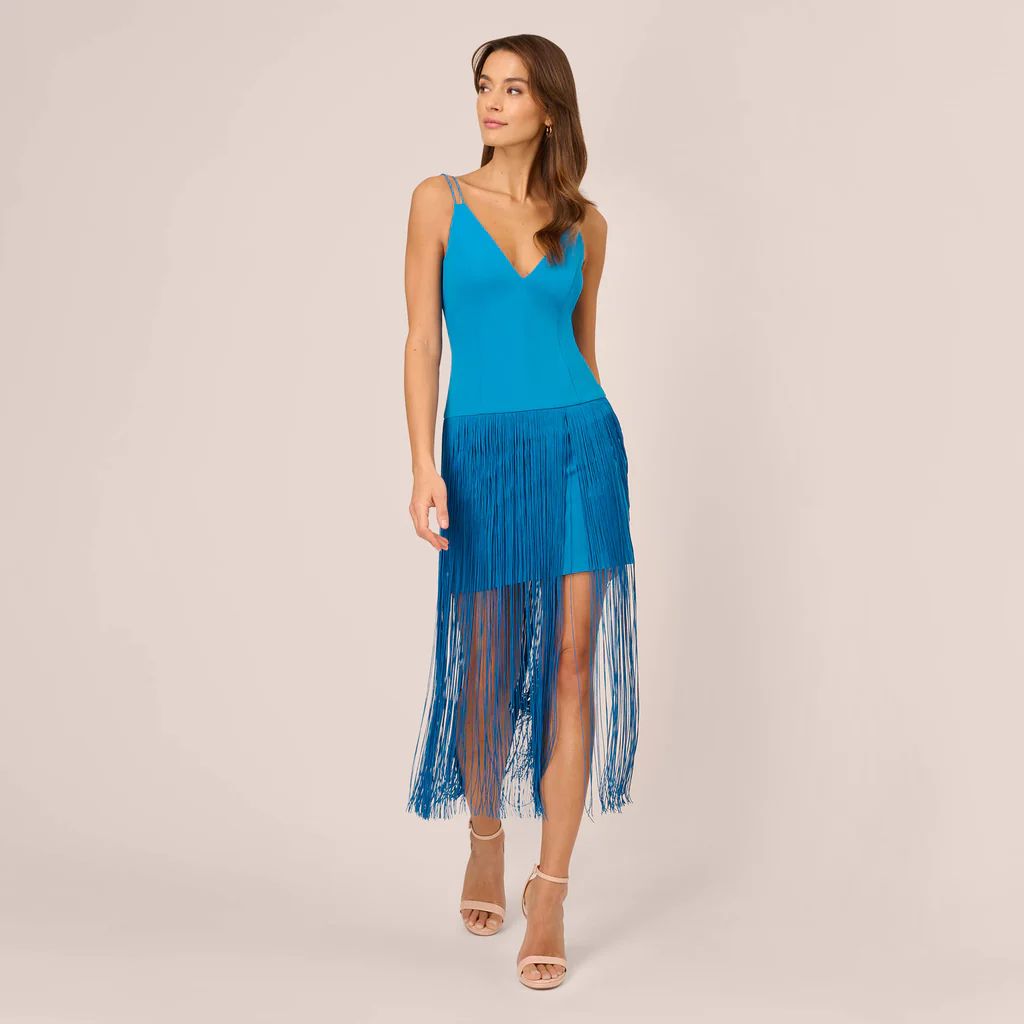 Crepe Fringe Dress With Double Spaghetti Straps And V Back In Deep Cerulean | Adrianna Papell