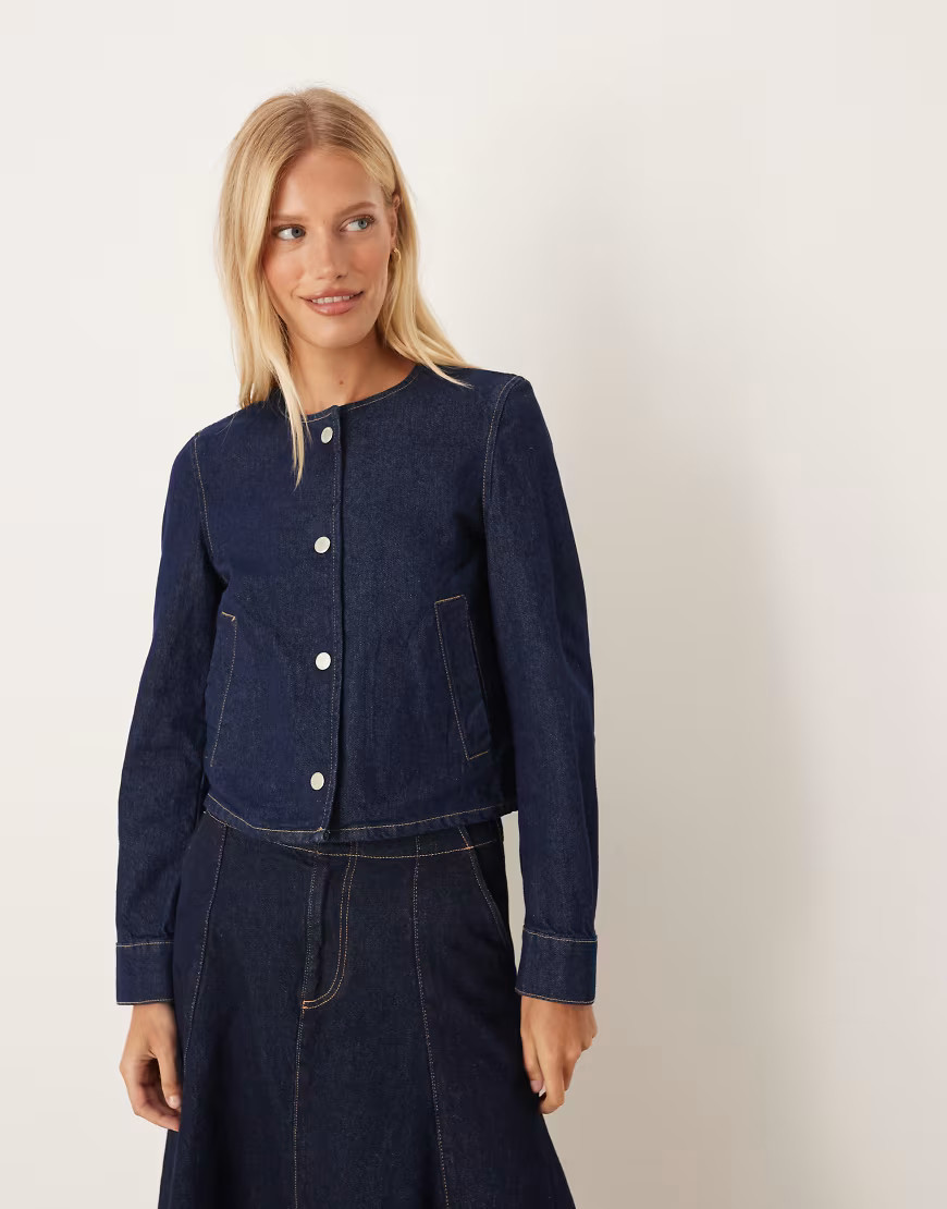 Mango collarless denim jacket in indigo-Blue | ASOS (Global)