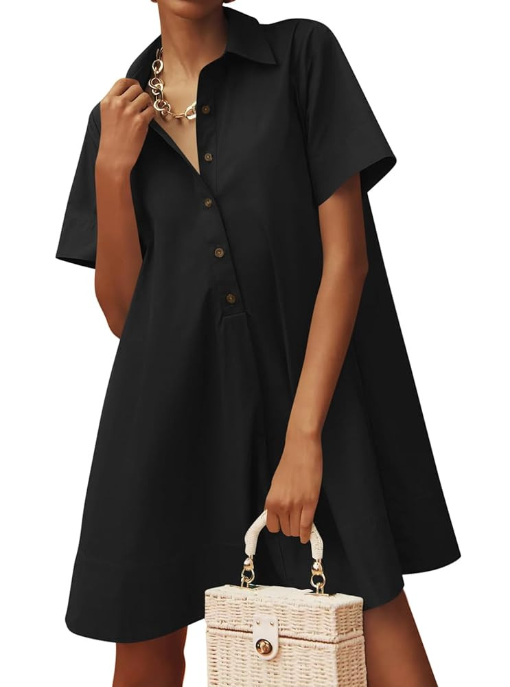 Wenrine Womens Button Down Shirt Dress Oversized Casual Short Sleeve Collared V Neck Summer Mini ... | Amazon (US)