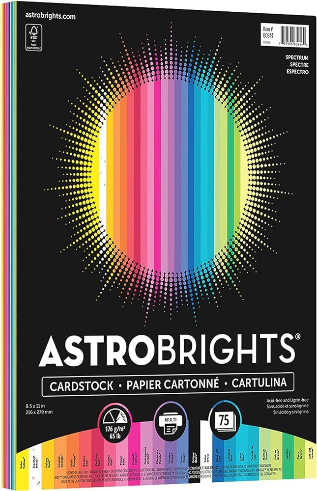 Astrobrights Colored Cardstock, 8.5” x 11”, 65 lb / 176 gsm, "Spectrum" 25-Color Assortment, ... | Amazon (US)