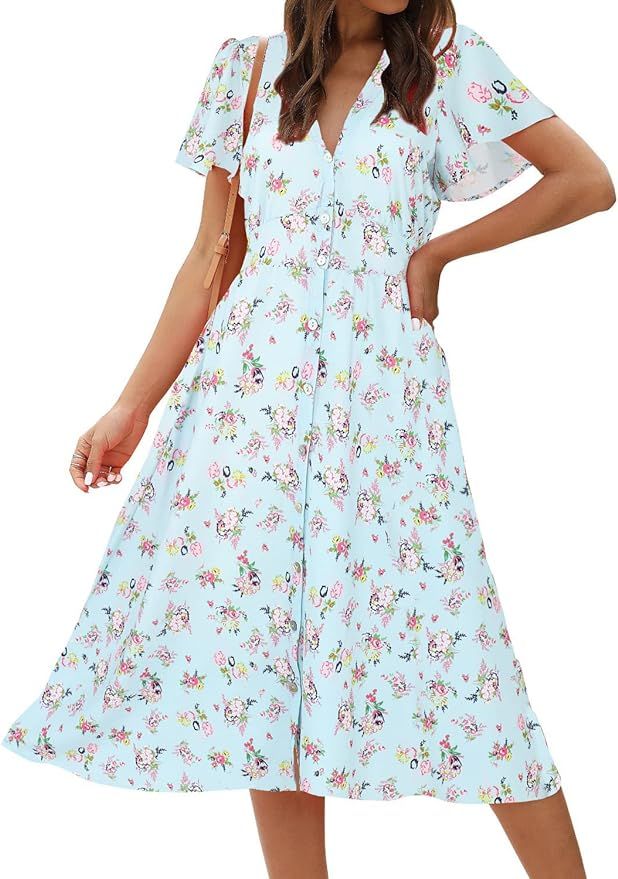 ROYLAMP Women's Floral Button Up Split Dress Deep V Short Bell Sleeve Casual Midi Dress with Pock... | Amazon (US)