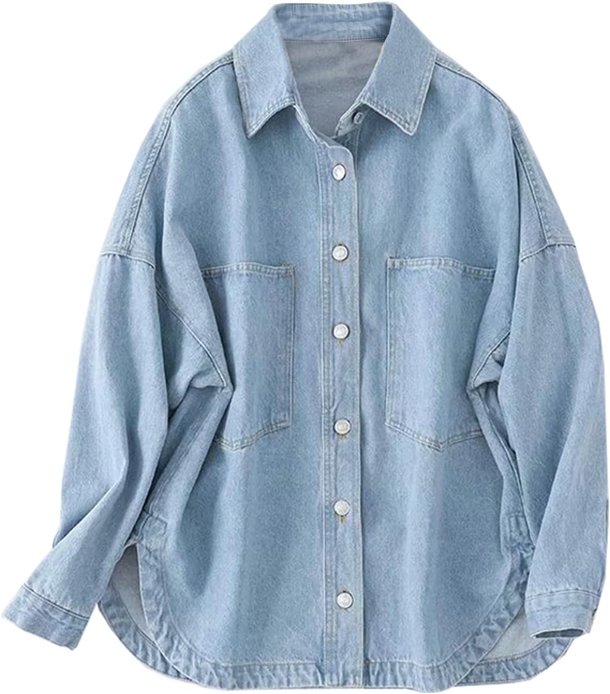 Women Denim Shirt Jean Jacket Oversize Button Down Shirt Long Sleeve Jean Tops Trendy Shackets | Amazon (US)